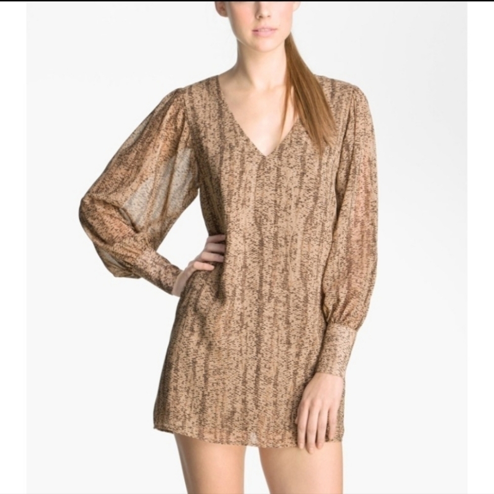 Rory Beca Georgette Silk Mini Dress With Sheer Sleeves Brown Vneck Size Small